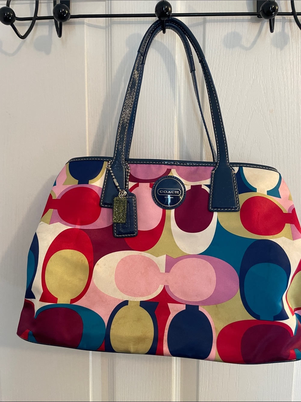 Coach Multicolor Signature Print Tote Bag - Navy Trim